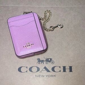 COACH Zip Card Case w Chain Pebble Leather GORGEOUS & AUTHENTIC True Pink & Gold